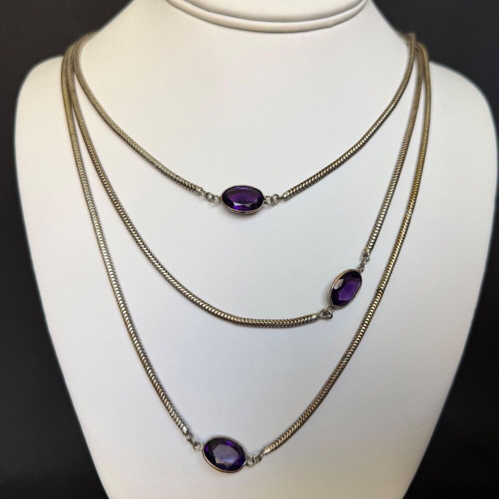 Vintage 64" Long Silver Tone Snake Chain Necklace Continuous Bezel Purple Glass